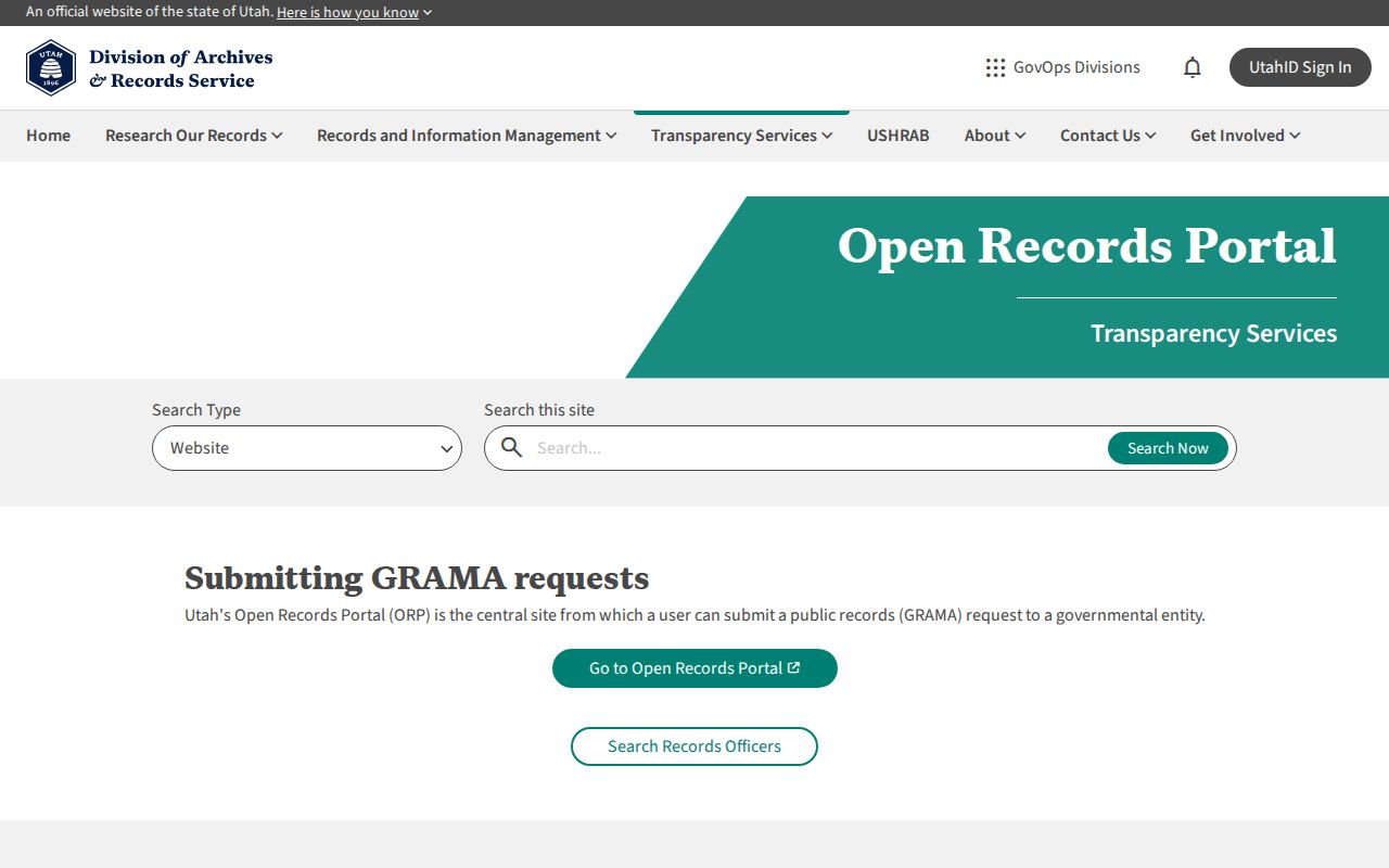 Riverton public records request route on the Utah Open Records Portal